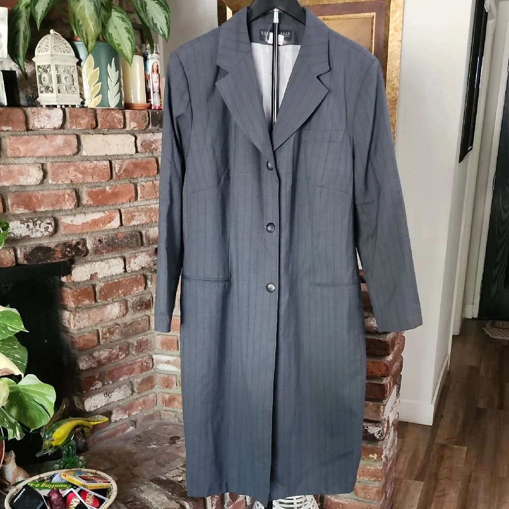 Harvé Benard Gray Pinstripe Long Blazer Coat Sz18 Plus Size Office Career Chic - Picture 1 of 12